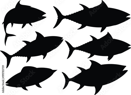 Six black tuna fish silhouettes arranged in two rows, each with distinct fin and body shapes, isolated on white background, perfect for marine, fishing, and educational design projects.