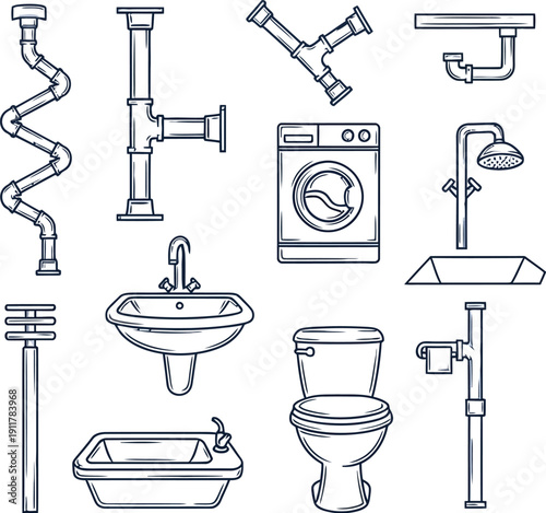 A set of hand-drawn plumbing fixtures includes essential bathroom and utility components like a toilet, sink, and washing machine.
