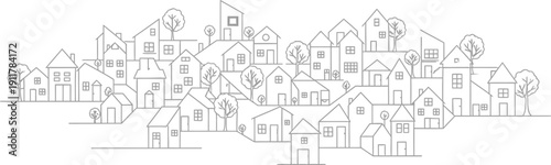 A panoramic view depicts a dense, stylized neighborhood of many small houses clustered together on undulating ground lines, rendered in thin black outline.