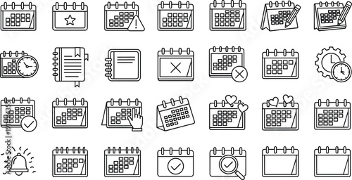 Minimal calendar icon set, line style planner symbols, schedule reminder checklist, event management, productivity app interface, web and mobile UI design, resources vector illustration
