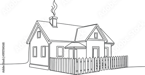 A single traditional single family home featuring a pitched roof and a white picket fence is rendered using continuous black line art.