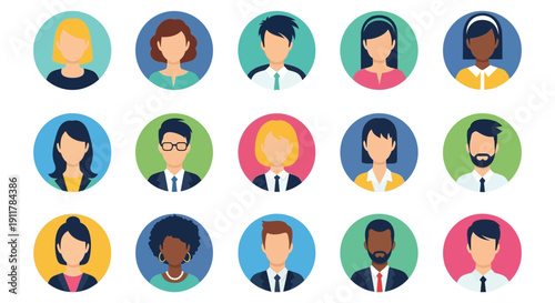 Diverse collection of stylized flat design user avatars representing various professional individuals in a group