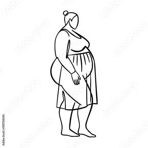 Dibujo de trazo único de mujer con sobrepeso de pie	