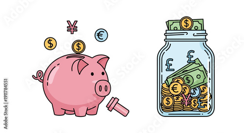 Piggy Bank with Coins and Money.