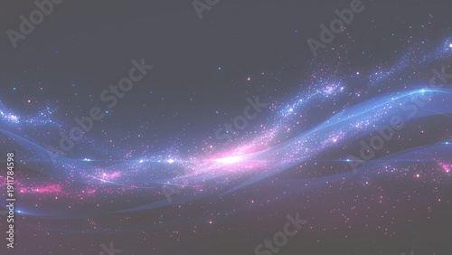 宇宙のような背景に青と紫の光の軌跡がうねるデザイン