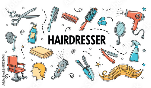 Essential hairdressing tools and accessories in a creative design