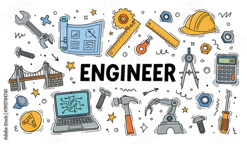 Engineering tools and concepts: blueprints, bridge, laptop, hard hat, drafting compass