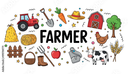 Colorful farm elements: tractor, barn, cow, and more in playful cartoon style