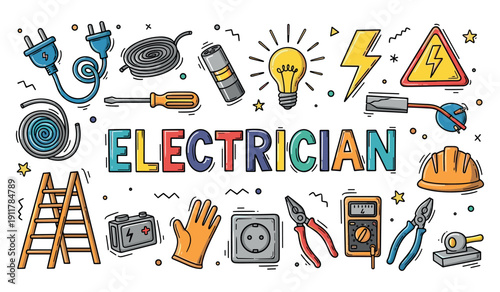 Colorful tools and symbols representing electrical work and safety