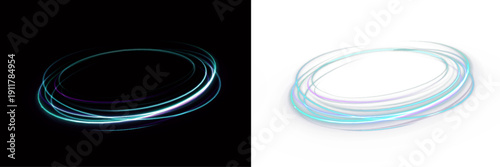 Neon spiral vortex spins elegantly over a transparent surface. Lines of glowing energy curve dynamically. Abstract futuristic PNG illustration for motion graphics.