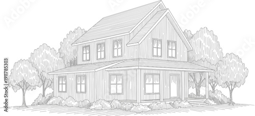 A lightly shaded pencil sketch depicts a two-story farmhouse style residence surrounded by simplified, stylized trees and foundational shrubbery.