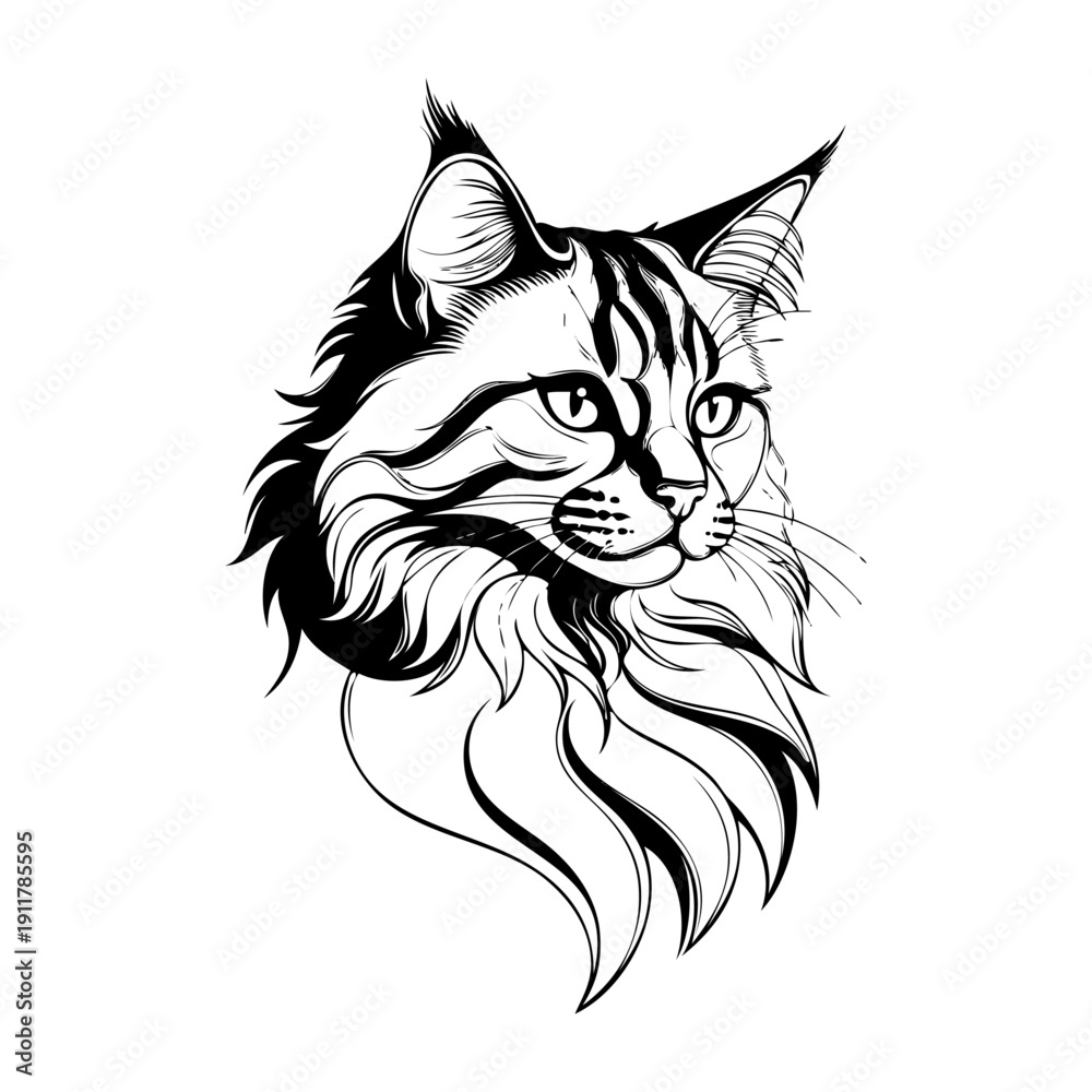 Obraz premium Dibujo con líneas de la cabeza de un gato de angora 