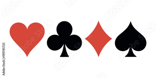 Playing Card Suits Icon Set featuring the four traditional symbols—Hearts, Diamonds, Clubs, and Spades—in clean red and black flat vector styles for gaming and casino designs.