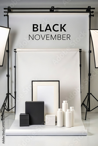 Professional studio setup displaying BLACK NOVEMBER promotion with various product packaging for advertising