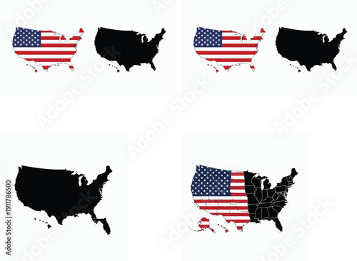 Illustrations of the United States map with American flag and silhouette variations on a white background