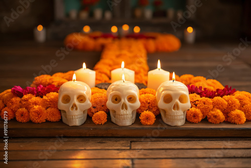 Traditional Mexican Day of the Dead sugar skulls and marigold flowers on a wooden altar