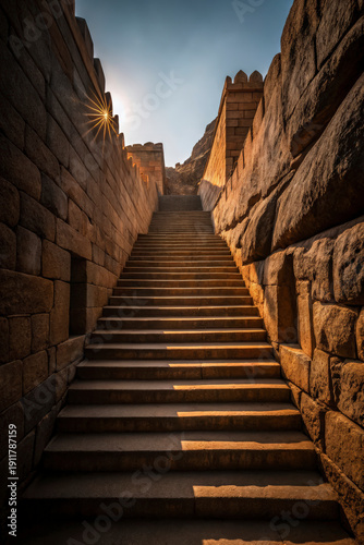 Ancient Stone Stairway Leading Towards Radiant Sunburst on Historic Fortification Wall