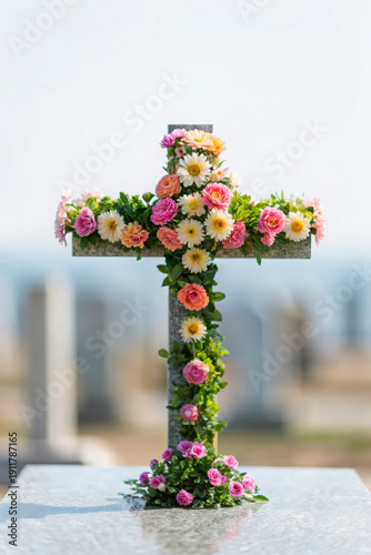 Beautiful floral decorated cross stands as a solemn memorial in a peaceful cemetery