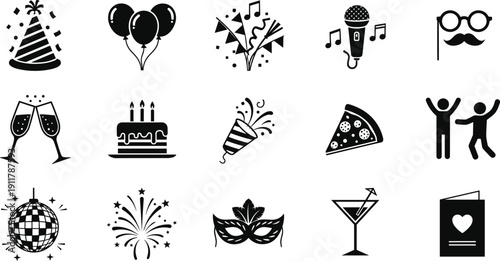 Party celebration and event icons set, birthday, music, dancing, balloons, cake, fireworks, nightlife, festival symbols, entertainment, vector illustration collection
