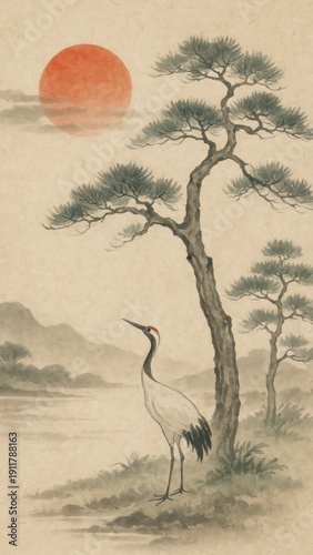 Serene crane under red sun.