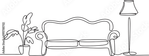 Continuous line art living room interior sofa plants and floor lamp vector illustration