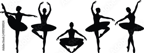 Ballerina silhouette collection, classical ballet dancer poses isolated on white background, graceful dance vector illustration set