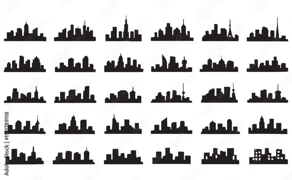 Naklejka premium City Skyline and Building Silhouette Icons