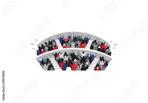 Crowd cheering and celebrating in a stadium with red and blue colors  