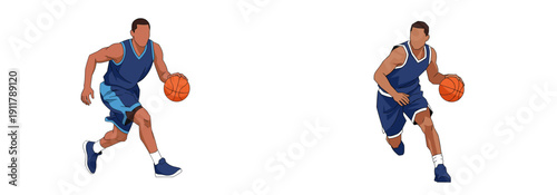 Basketball players dribbling and running with a ball on white background  