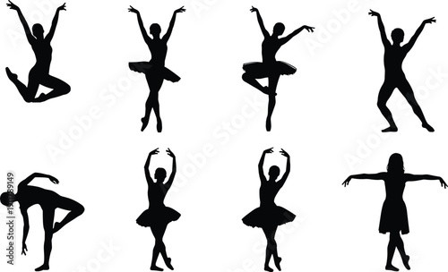 Ballet dancer silhouette set, classical pose vector, tutu and movement illustration, graceful dance design, performing arts icon pack