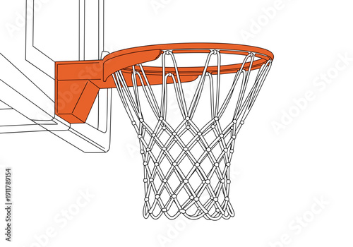 Basketball hoop with net and backboard in orange and white design  