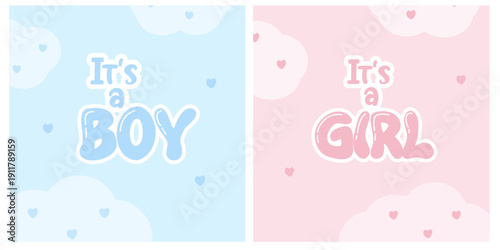 A set of square baby shower invitations for boys and girls with decorative frames and stickers, vector illustration.	