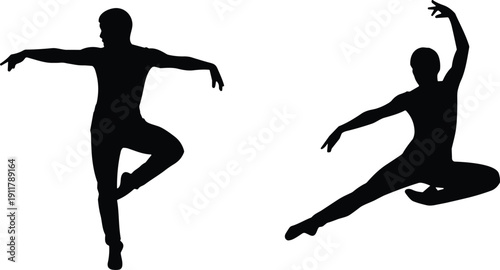 Ballet dancer silhouette, elegant leap pose, black vector art, expressive movement, graceful choreography, dance illustration, athletic female figure design