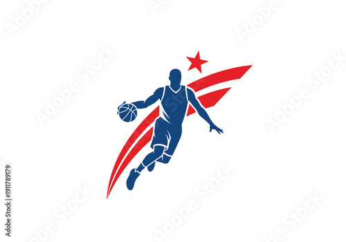 Basketball player dribbling ball in dynamic action pose  