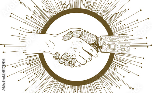 A detailed illustration of handshake between human hand and robot hand within a circle