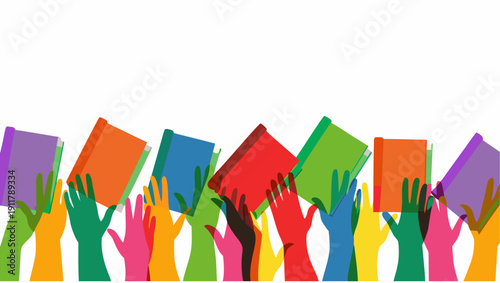 Diverse hands holding colorful books in celebration of learning and diversity