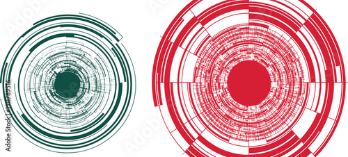 Circular futuristic interface with red and green tech dashboard elements design