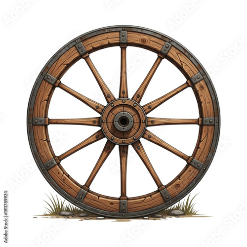 Antique Wooden Wagon Wheel Isolated on White Background