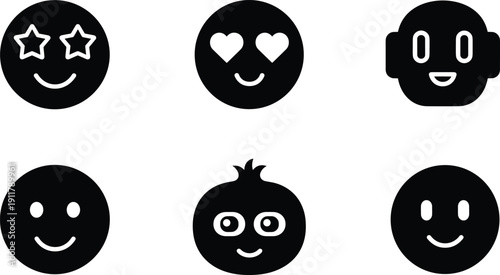 Emoticon face silhouette illustration set, six black icons varied expressions star heart robot tomato smile design, vector artwork, communication and identity theme, isolated background