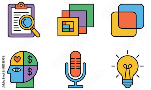 Collection of colorful icons representing business concepts and creativity including documentation review and idea generation with a focus on visual storytelling and professional presentation tools.