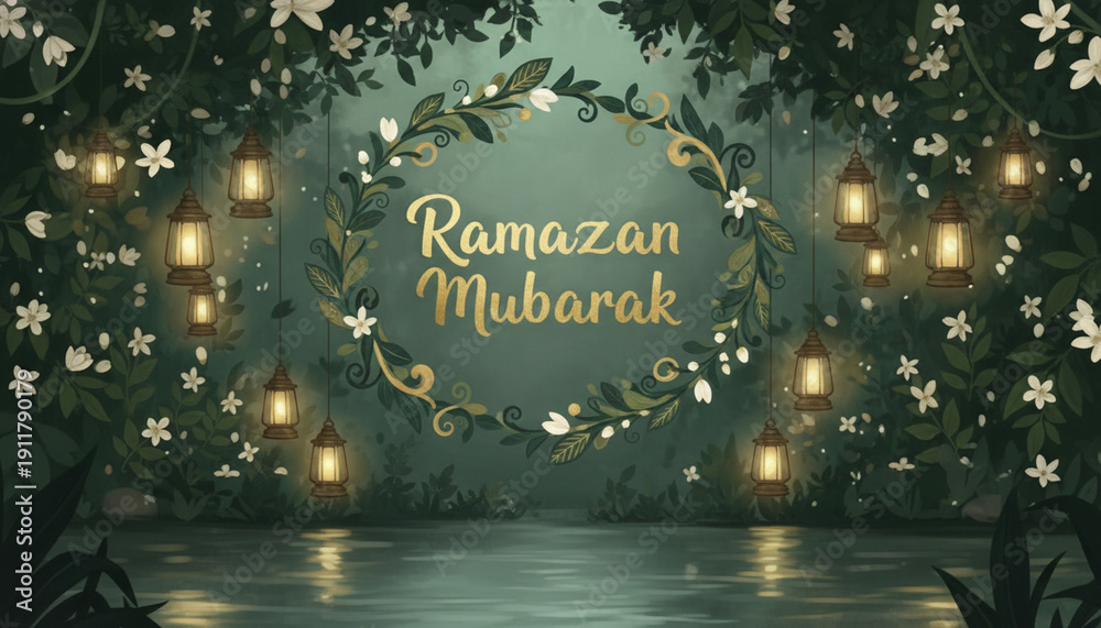Naklejka premium Ramazan Mubarak Greeting with Lanterns and Flowers in Dark Green Background