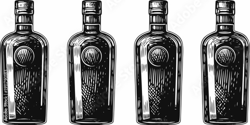 Four vintage style bottles depicted in a detailed black and white engraving