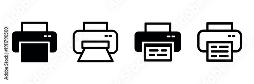 Printer and Print Icon Set featuring a versatile collection of office hardware symbols in various graphic styles, including filled, thin line, and bold outline versions for document management apps.