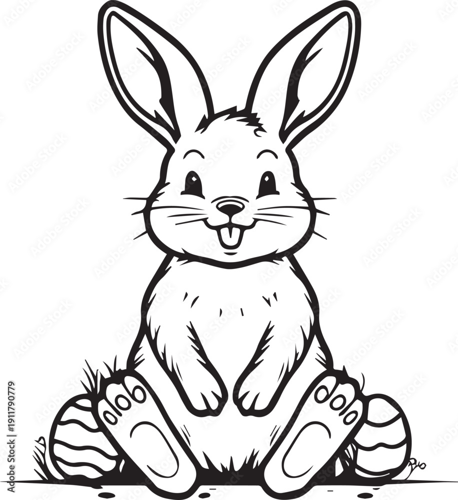 Obraz premium A playful Easter bunny illustration, joyfully sitting among decorated eggs, celebrating the spring season and Easter traditions.