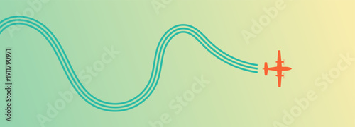 Stylized Airplane Soaring Through a Gradient Sky with Wavy Flight Path Illustration