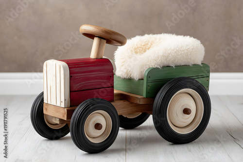 Red and green wooden toy tractor and cream fur seat,  prop for newborn baby infant photography on neutral background studio setting.