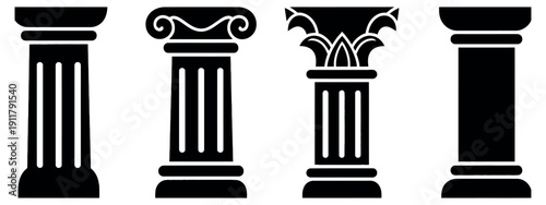Four Classical Architectural Column Silhouettes showcasing the iconic Greek and Roman orders—Doric, Ionic, and Corinthian—in a sharp black vector style for historical and legal branding.