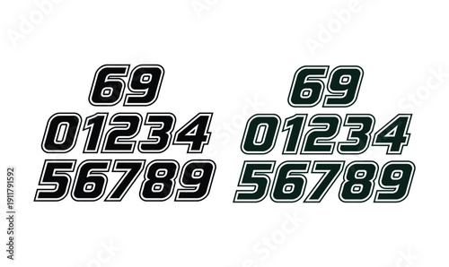 Racing Style Athletic Number Set with Bold Italic Outlined Typography in Black and Green for Motorsports Jersey and Team Design