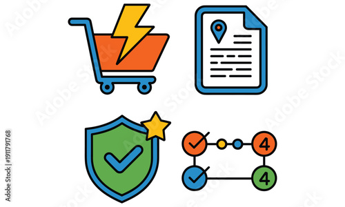 E-commerce icons representing fast shopping cart, document, verified security, and network system on a white background perfectly capturing the essence of online transactions 