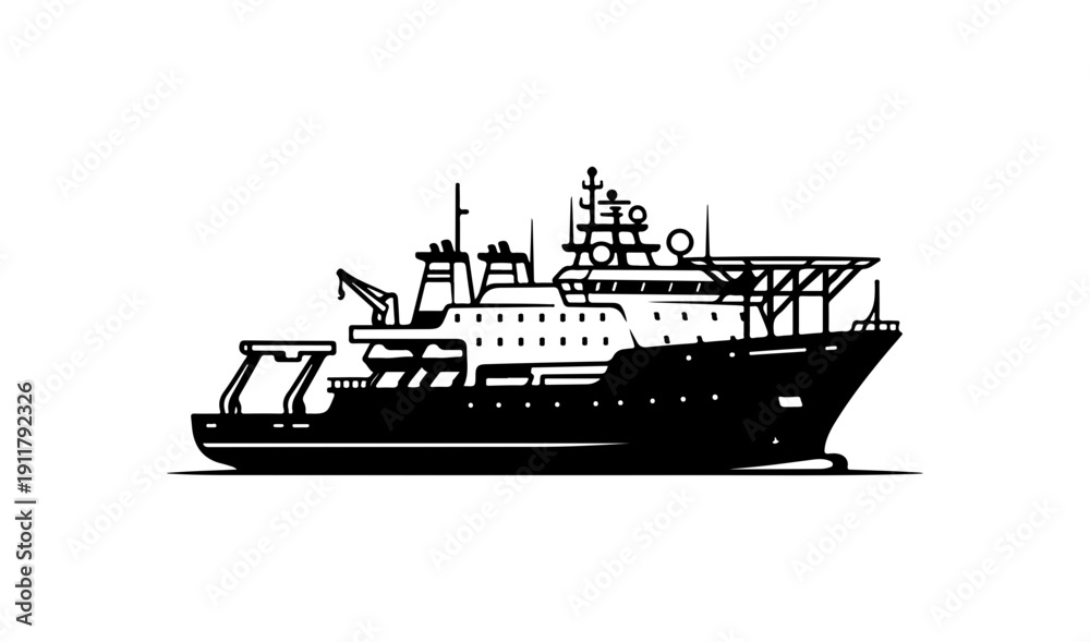 Fototapeta premium Modern Research Vessel Illustration - Black and White Vector